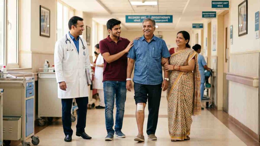 A happy middle-aged Indian patient walking confidently after knee replacement surgery