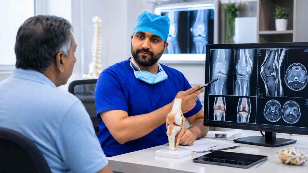 Orthopedic doctor explaining knee pain diagnosis and treatment