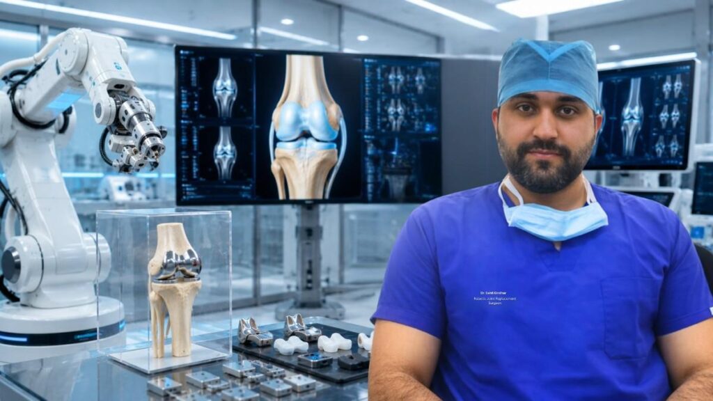 Robotic knee replacement surgery in a modern orthopedic operating room